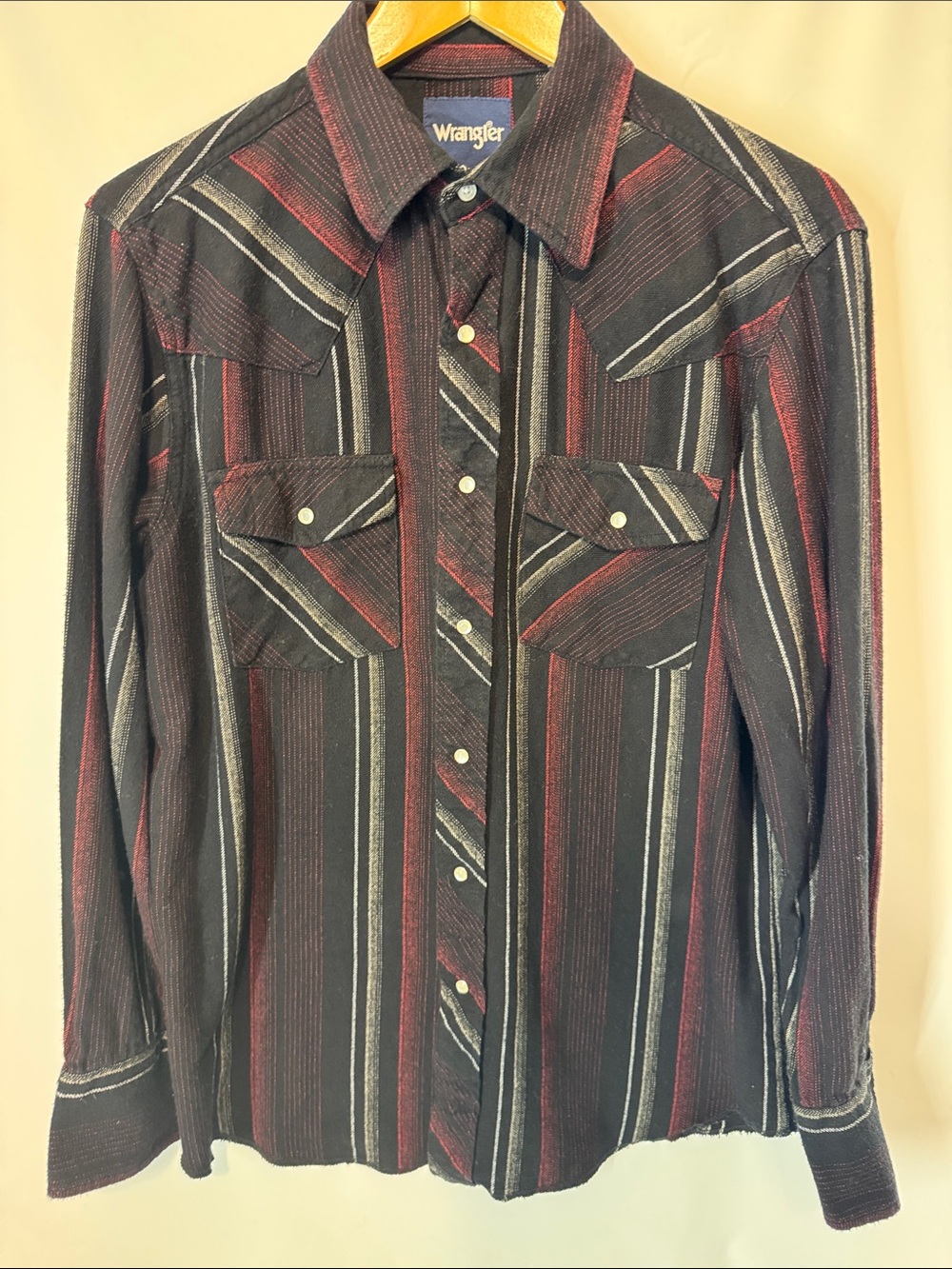 Vintage Wrangler Maroon & Black Vertical Striped Pearl Snap Western Shirt Men's